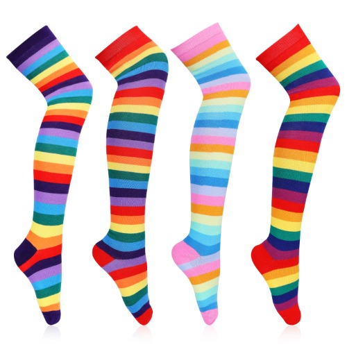 KINBOM 4 pairs Knee High Rainbow Socks, Thigh High Striped Knee Socks Pride Rainbow Striped Socks Halloween Stockings for Christmas Cosplay Costume Dress up Party