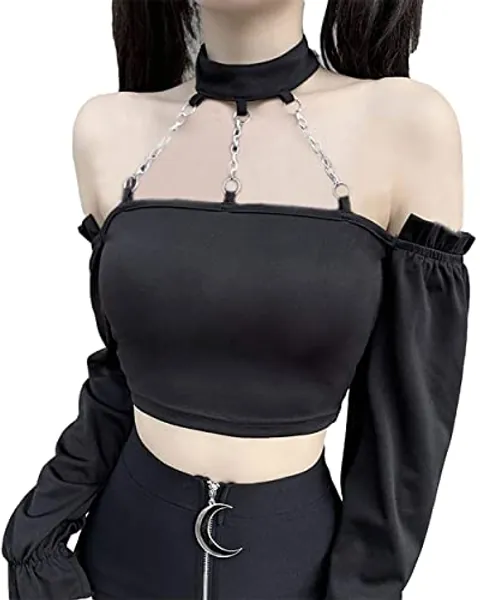 DINGJIUYAN Schulterfreies Gothic-Top, schwarz, Punk, Matal, Kette, Patchwork-Top