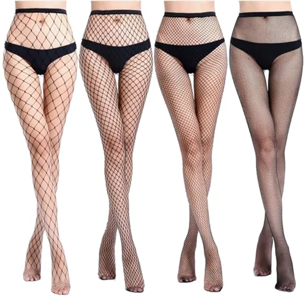 LEOEASIY 4 Paar Netzstrumpfhose Schwarz, Fishnet Stockings, Fischnetz Strumpfhose Sexy, Fishnet Tights Netzstrümpfe, Fischernetz Strumpfhosen für Damen, Hohe Taille Mode Elastizität Netzstrumpfhosen