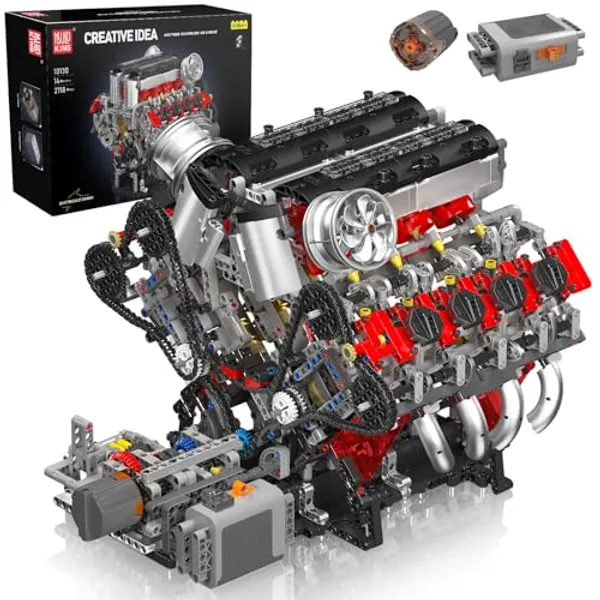 Mould King 10130 MOC Technik F488（V8） Achtzylinder-Motor Reihenbenzinmotor-Blockbausatz 3,9-Liter Doppelturbo-V8-Motor Technologie Klemmbausteine Bausatz Enthält Motor und Batteriekasten (2718 PCS+)