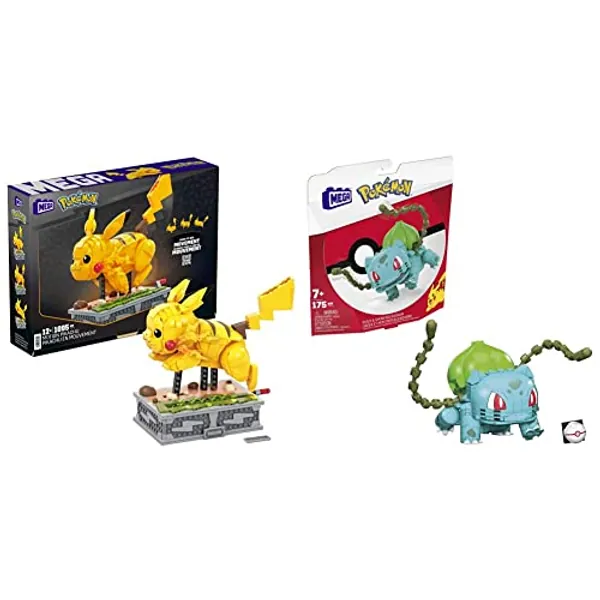 Mega Construx HGC23 - Pokémon Motion Pikachu, bewegliches Bauset, ab 12 Jahren & Construx GVK83 - Pokemon Bisasam Bauset, Spielzeug ab 7 Jahren