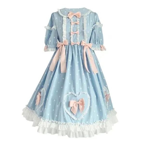 HIMI HIMIFASHION Lolita Kurzärmeliges Prinzessinnenkleid für Teenager, süße Schleife, gepunktet, Cosplay-Kostüm, Rüschen, A-Linie, Partykleider