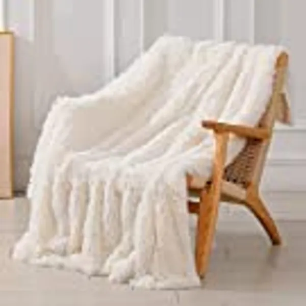 Decorative Soft Faux Fur Blanket,Solid Reversible Fuzzy Lightweight Long Hair Shaggy Blanket,Fluffy Warm Cozy Plush Fleece Microfiber Fur Blanket for Couch (Cream White, Throw - 50" x 60")