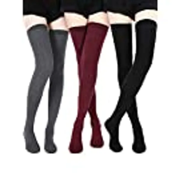 3 Pairs Extra Long Socks Thigh High Cotton Socks Extra Long Boot Stockings for Girls Women (Black, Dark Grey, Wine Red, 3)