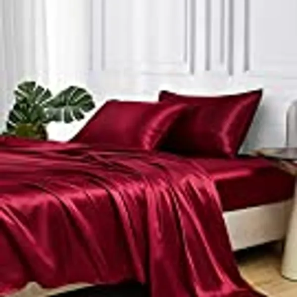 MR&HM Satin Bed Sheets, Full Size Sheets Set, 4 Pcs Silky Bedding Set with 15 Inches Deep Pocket for Mattress (Full, Burgundy)