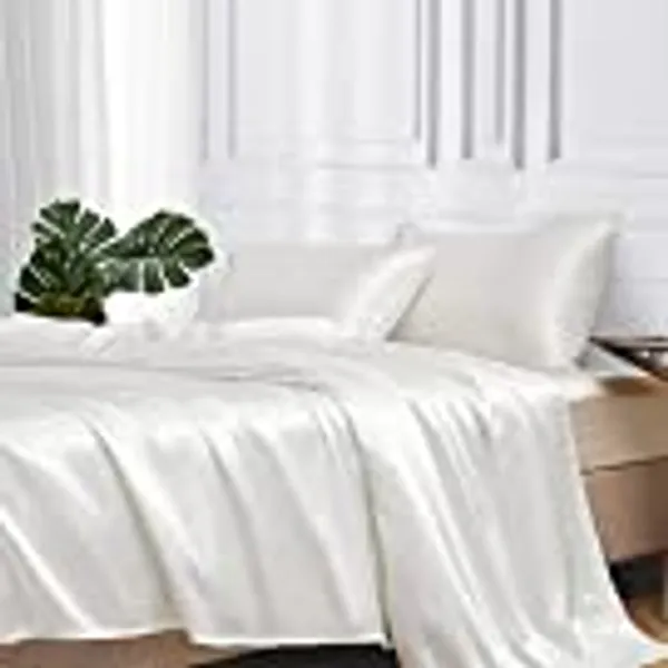 MR&HM Satin Bed Sheets, Full Size Sheets Set, 4 Pcs Silky Bedding Set with 15 Inches Deep Pocket for Mattress (Full, Ivory)