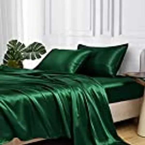 MR&HM Satin Bed Sheets, Full Size Sheets Set, 4 Pcs Silky Bedding Set with 15 Inches Deep Pocket for Mattress (Full, Dark Green)