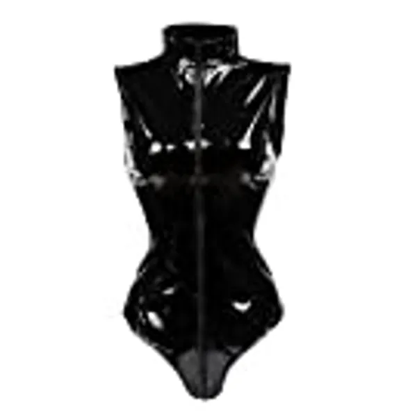 Bslingerie Sexy Black Wet Look Faux Leather Teddy Bodysuit Outfit