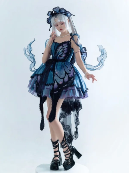[$97.00]Blue-Purple Butterfly Jumper Skirt Full Set Gothic Princess Dress with Butterfly Train