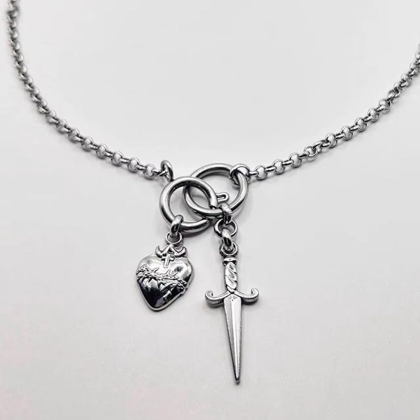 Stainless Steel Sword Charm Necklace with O ring clasp • Gothic Grunge Streetwear Y2K Weapon Chain Silver Handmade Jewelry Gift for Her