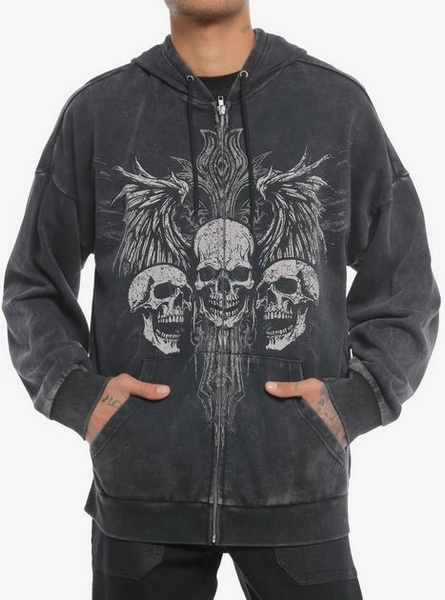 Social Collision Triple Skull Wings Dark Wash Hoodie | Hot Topic