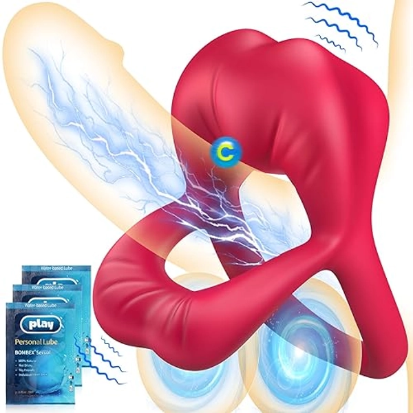 Vibrating Cock Ring with Sexy Lip Clitoris Stimulator, Sex Toys for Men Erection Couples Kinky Pleasure Vibrator Penis Ring Adult Toys Male Vibrators 9 Vibrations, Juguetes Sexuales Hombre, Rose