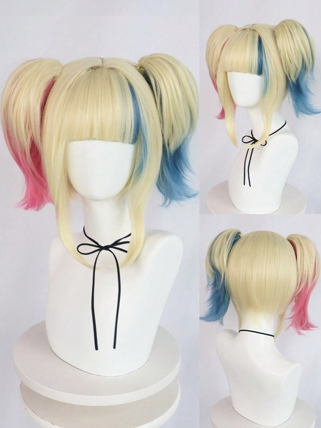 Cabelo loiro com destaques de cabelo rosa e azul, peruca reta sintética com duas presilhas e franja para mulheres, peruca cosplay anime para festas de Halloween, fantasias, presentes do Dia da Mãe, Dia de Ação de Graças, presentes de Natal, peruca colorida de comprimento médio com duas presilhas de mandíbula encaracoladas, extensões de rabo de cavalo, acessórios de cosplay engraçados (conjunto de 4 peças: 2 extensões de rabo de cavalo retas com presilha, 1 Peça touca de peruca e 1 Peça peruca BOBO reta)