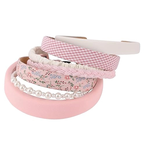 Drnytunk Women's Pearl Floral Padded Wide Bandana Headbands, Vintage Hair Accessories, Pink