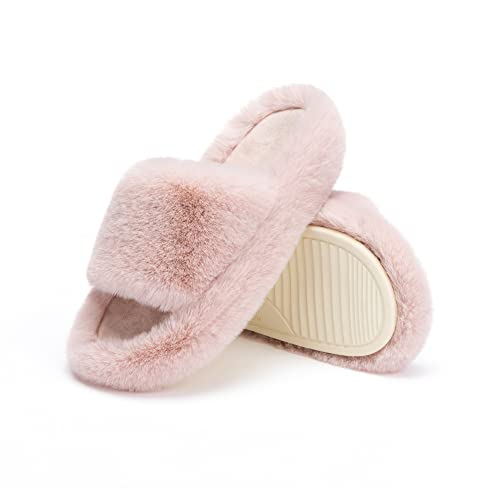 Chantomoo Women's Slippers Memory Foam House Bedroom Slippers for Women Fuzzy Plush Comfy Faux Fur Lined Slide Shoes Anti-Skid Sole Trendy Gift Slippers - 7-8 - Pink