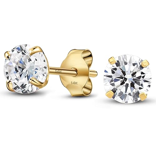 Solid 14K Yellow Gold Round Solitaire Simulated-Birthstone Minimalist Stud Earring - 6mm - 04-April