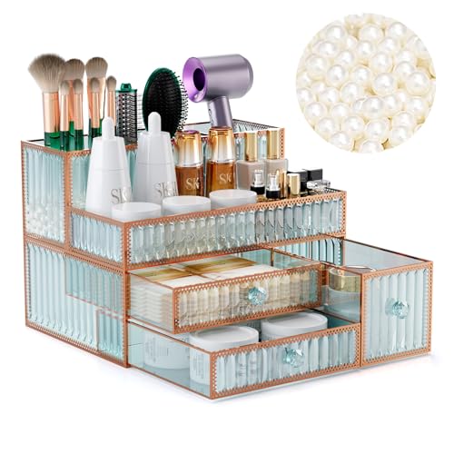 Youdepot Tempered Glass Makeup Organizer - Elegant Vanity Storage for Cosmetics, Hair Tools, Brushes, Perfume - Multipurpose Bathroom Countertop Organizer.