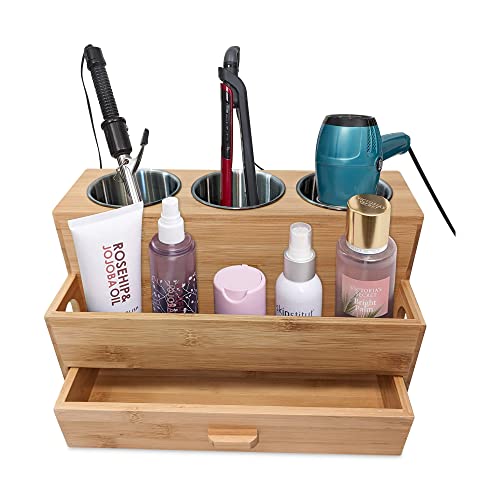Harzen Brothers Hair Tool Organizer, Bamboo, Styling Holder, Bathroom Countertop Blow Dryer Holder, Vanity Caddy Storage Stand for Accessories, Makeup, Toiletries