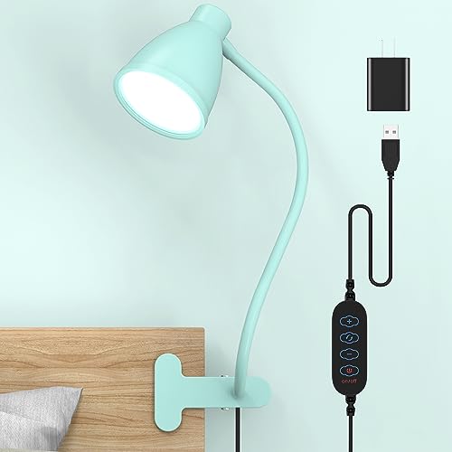 BOHON Desk Lamp with Clamp, 10W 38 LED Clip on Light, 3 Color 10 Brightness Auto Off Timer, Flexible Gooseneck Clip Lamp, Desk Lights for Office Home Bed Bedside Reading, Adapter Include, Teal - Teal