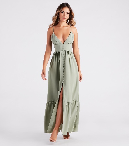 Swept Off Your Feet Button Ruffle Maxi Dress | SAGE / S