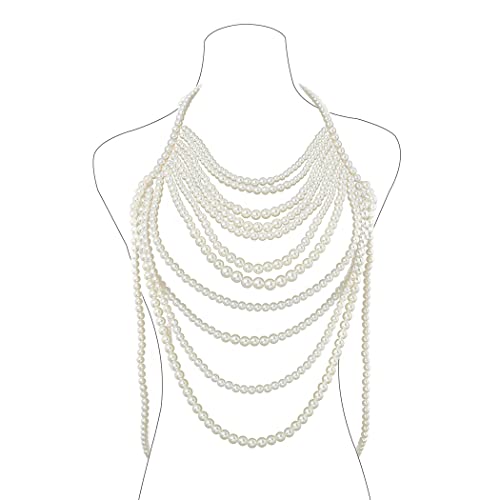 Aiosy Pearls Body Chain Bra Sexy Shawl Necklace Pearl Tops Halter Shoulder Chain Beaded Backless Chest Chains Rave Body Jewelry Festival Party Summer Beach - Sleeveless