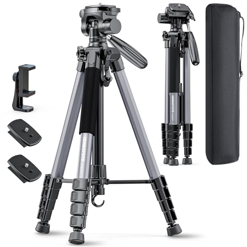 CAMBOFOTO 74"-Camera-Tripod, Gray Porfessional Aluminum Tripod Stand for Mirrorless Camera/DSLR/Cell Phone/Camcorder/GoPro, with Phone Holder and Travel Bag (Gunmetal Gray) - 74 inch - Gunmetal Gray