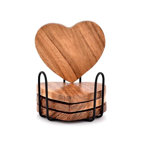 Samhita Acacia Wood Heart Shape Coaster Set of 4 With Iron Holder for Coffee Table Décor Housewarming Gift New Home Kitchen Décor