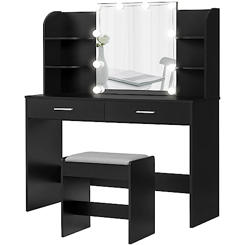 usikey Makeup Vanity with Mirror and 10 LED Lights, Vanity Makeup Table Set with 2 Drawers and Open Shelves, Makeup Vanity Desk Dressing Table with Cushioned Stool, Black - 42.5"W Vanity Desk - Black