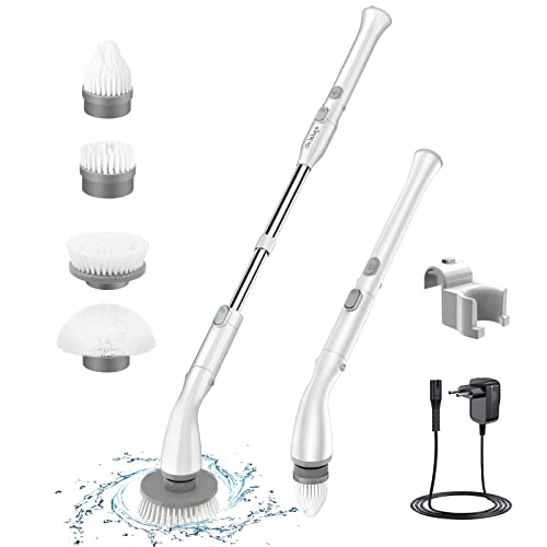 LABIGO Electric Spin Scrubber LA1 Pro, Cordless Spin Scrubber with 4 Replaceable Brush Heads and Adjustable Extension Handle, Power Cleaning Brush for Bathroom Floor Tile (White) - Crisp-white