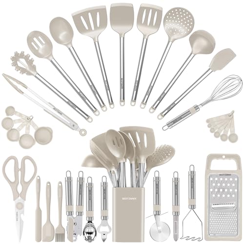Kitchen Utensil Set-Silicone Cooking Utensils-33 Kitchen Gadgets & Spoons for Nonstick Cookware-Silicone and Stainless Steel Spatula Set-Best Kitchen Tools, Useful Pots (Khaki) - Khaki