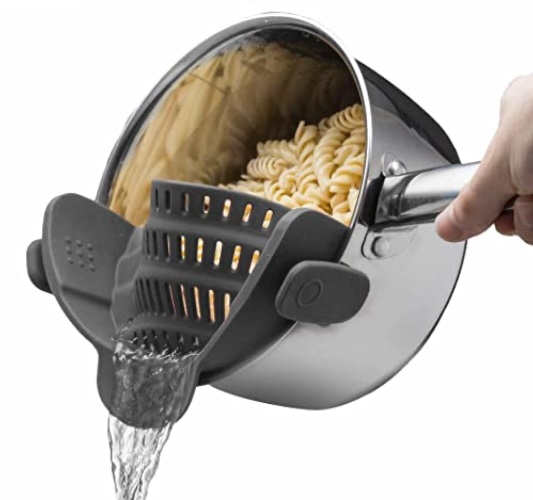 Kitchen Gizmo Snap N' Strain - Silicone Clip-On Colander, Heat Resistant Drainer for Vegetables and Pasta Noodles, Kitchen Gadgets for Bowl, Pots, and Pans - Essential Home Cooking Tools - Grey - Gray