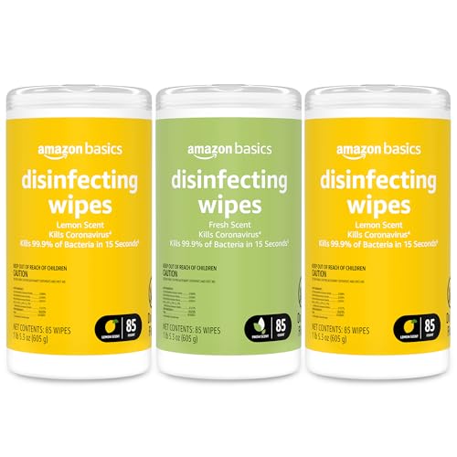 Amazon Basics Disinfecting Wipes, Lemon & Fresh Scent, Sanitizes, Cleans, Disinfects & Deodorizes, 255 Count (3 Packs of 85) - 85 Count (Pack of 3) - 3 Pack--2 Lemon, 1 Fresh