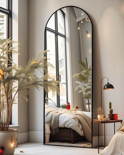 Otlsh Floor Mirror, 58"×18" Arched Full Length Mirror Arched with Stand, Standing Mirror, Full Body Mirror, Large Mirror, Arched Wall Mirror, Freestanding, Aluminum Frame - Black - Black - 58"×18"