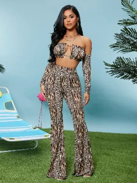 SHEIN SXY Off Shoulder Cut Out Front Zebra Striped and Leopard Top & Pants Set