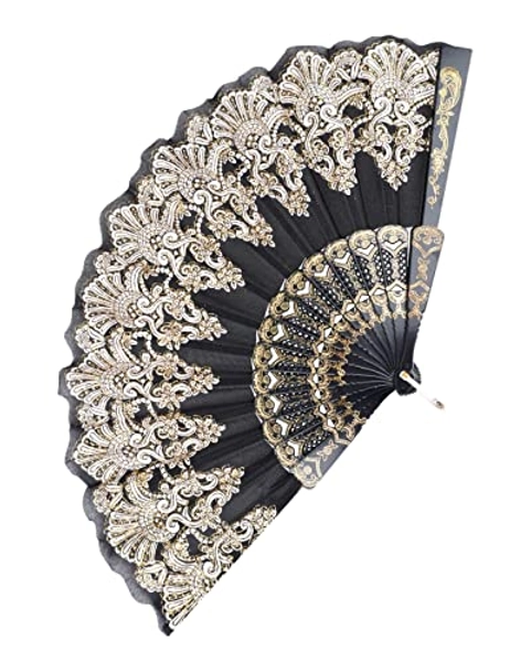 EOSAU Spanish Folding Fan Vintage Handheld Fan Traditional Retro Pattern Fabric Plastic Frame for Wedding Dancing Party (Black)