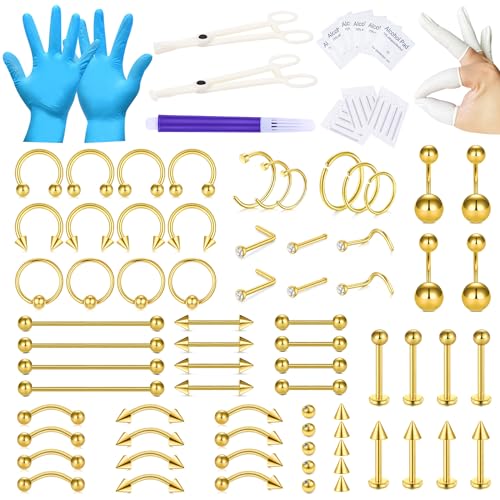 JIESIBAO 100PCS Piercing Kit,12G 14G 16G Piercing Needles Tools for Nose Septum Belly Button Lip Tongue Eyebrow Cartilage Ear Tragus Helix Daith Piercing with Piercing Jewelries Clamps Tool Kit - 2-Gold-100pcs