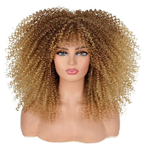 ANNISOUL 16Inch Curly Wigs for Black Women Ombre Blonde Afro Bomb Curly Wig with Bangs Synthetic Fiber Glueless Long Kinky Curly Hair - 16 Inch - Ombre Blonde