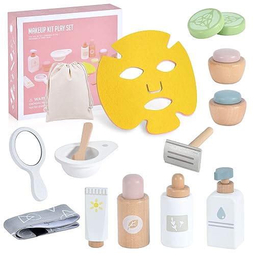 WHOHOLL Wooden Makeup Toy Set, Pretend Beauty Salon Toys Skin Care Learning Toys for Toddler, Daycare Toys Christmas Birthday Gift for 2 3 4 5+ Year Old Girls - Facial Cleanser, Mirror, Face Mask