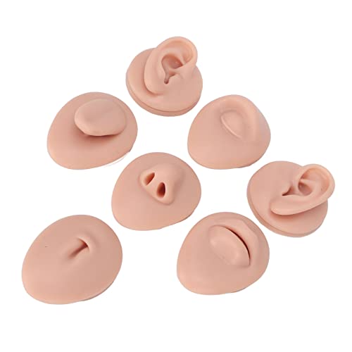 Silicone Body Parts for Piercing Practice, 7 Pieces Ear Eye Nose Mouth Tongue & Belly Button Training Display Models, Caramel