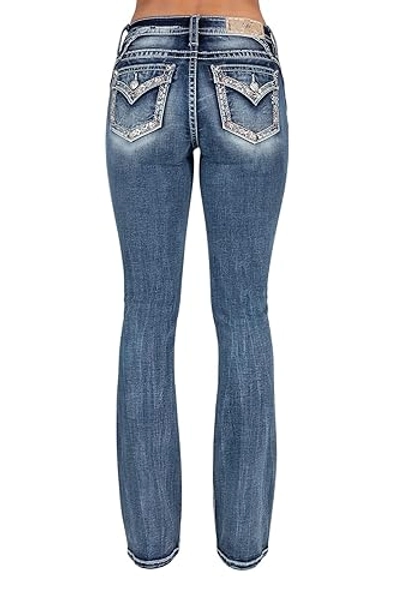 Miss Me Damen Bootcut-Jeans, mittelhohe Taille, bunte Bordüre, verzierte Kunst-Pattentaschen, Bootcut-Jeans