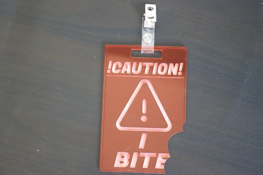 Caution I Bite - Transparent Laser Cut Acrylic Furry Badge - Fursuit Cosplay Accessory