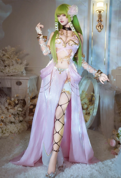 Code Giasu C.C. Cosplay Disfraz Conjunto Vestido Rosa con Calcetines Flor Cabeza