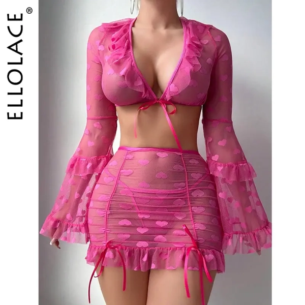 Ellolace Heart Print Lingerie Sexy Outfits Lace New Transparent Hot Matching Sets Flare Sleeve Ruffles Crop Top Skirt Exotic Set