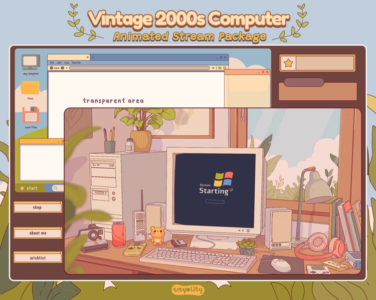 Animated Vintage 2000s Computer Overlay Package | Streamlabs Cottage Vintage Workstatio Twitch Bundle