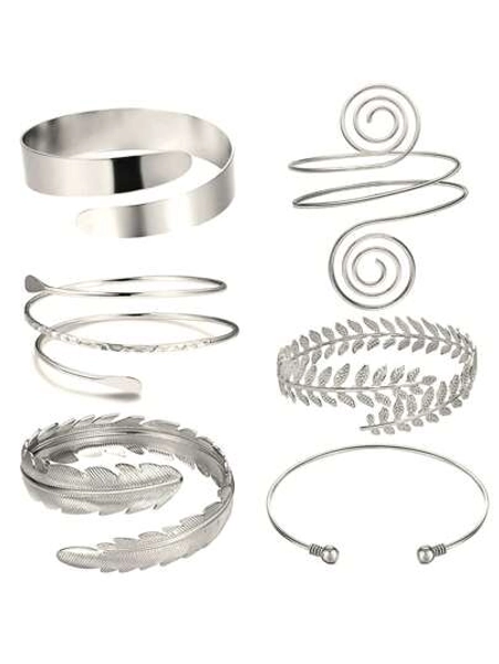 6pcs Personalized Exaggerated Leaf Bangle, Geometric Metal Arm Cuff