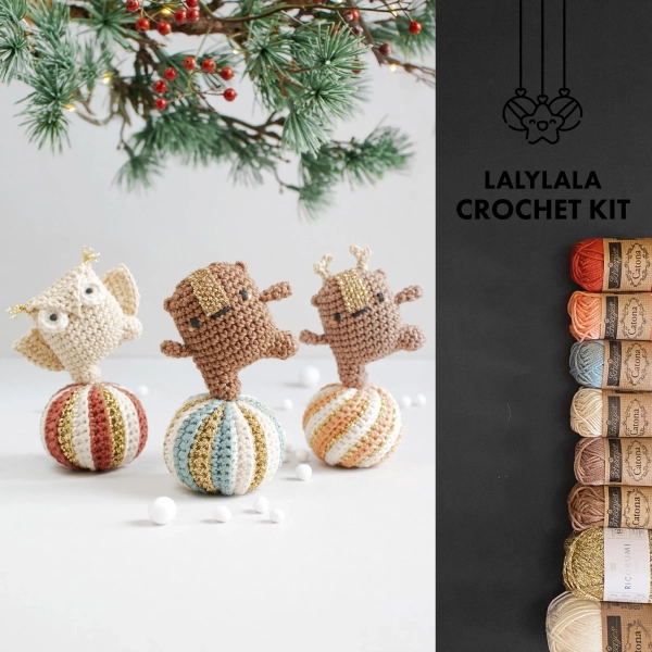 Crochet Kit Christmas Ornaments Dancing Bear Reindeer & Owl on striped Baubles, hanging / standing amigurumi decorations, Vintage Circus