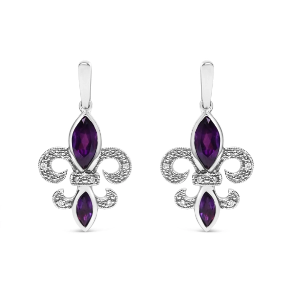 .925 Sterling Silver Marquise Cut Amethyst and Diamond Accent Fleur De Lis Dangle Stud Earrings (H-I Color, SI1-SI2 Clarity)