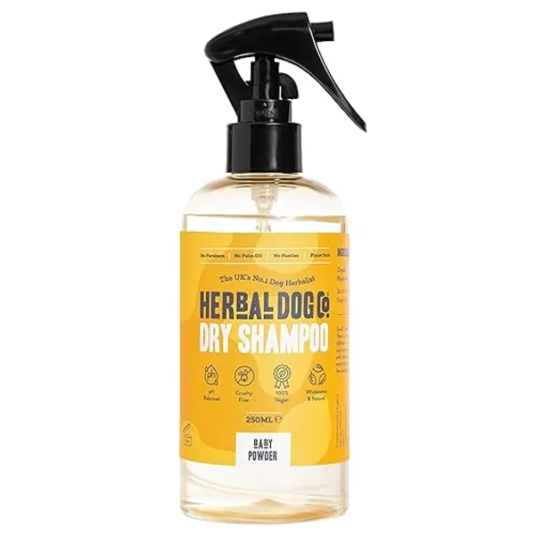 Herbal Dog Co Natural Dry Shampoo for Dogs & Puppies - Baby Powder Scent, 250ml - Dog Grooming Dog Perfume & Conditioner - Hypoallergenic, Vegan, Made in UK - Baby Powder