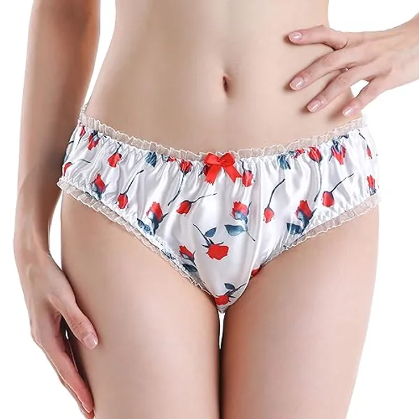 Satini Women's Floral Satin Lingerie Bikini Briefs Panties Knickers - XL - White