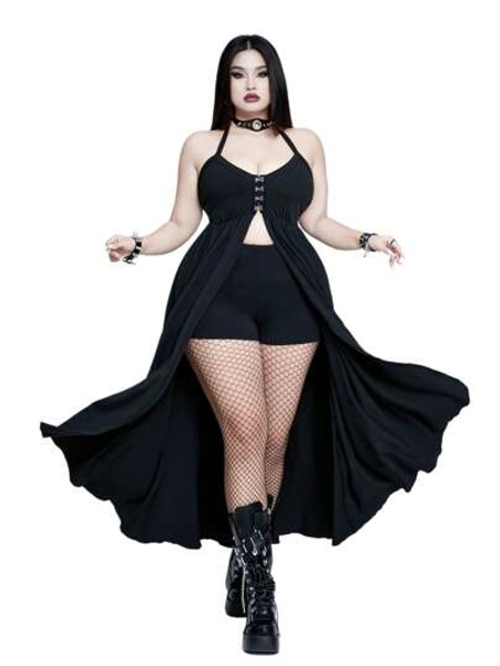 Whyspr Casual Punk Rave Coachella Plus Size Casual Sexy Halter Tie Knot Open Back Dress + Super Short Fitted Shorts 2 Pieces Set